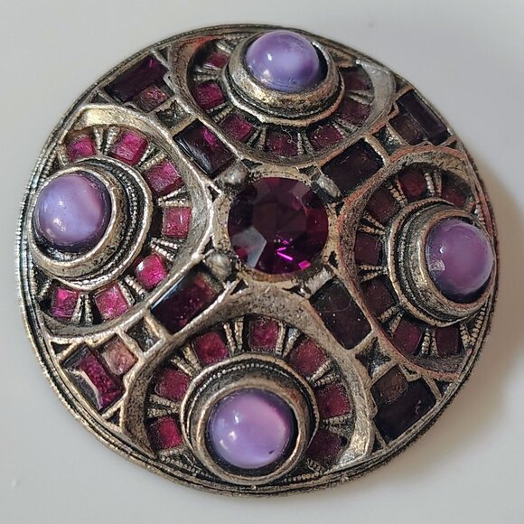 Vtg Rare Metal Miracle Britain Celtic Brooch Pendant Purple Glass Stones - Picture 2 of 7